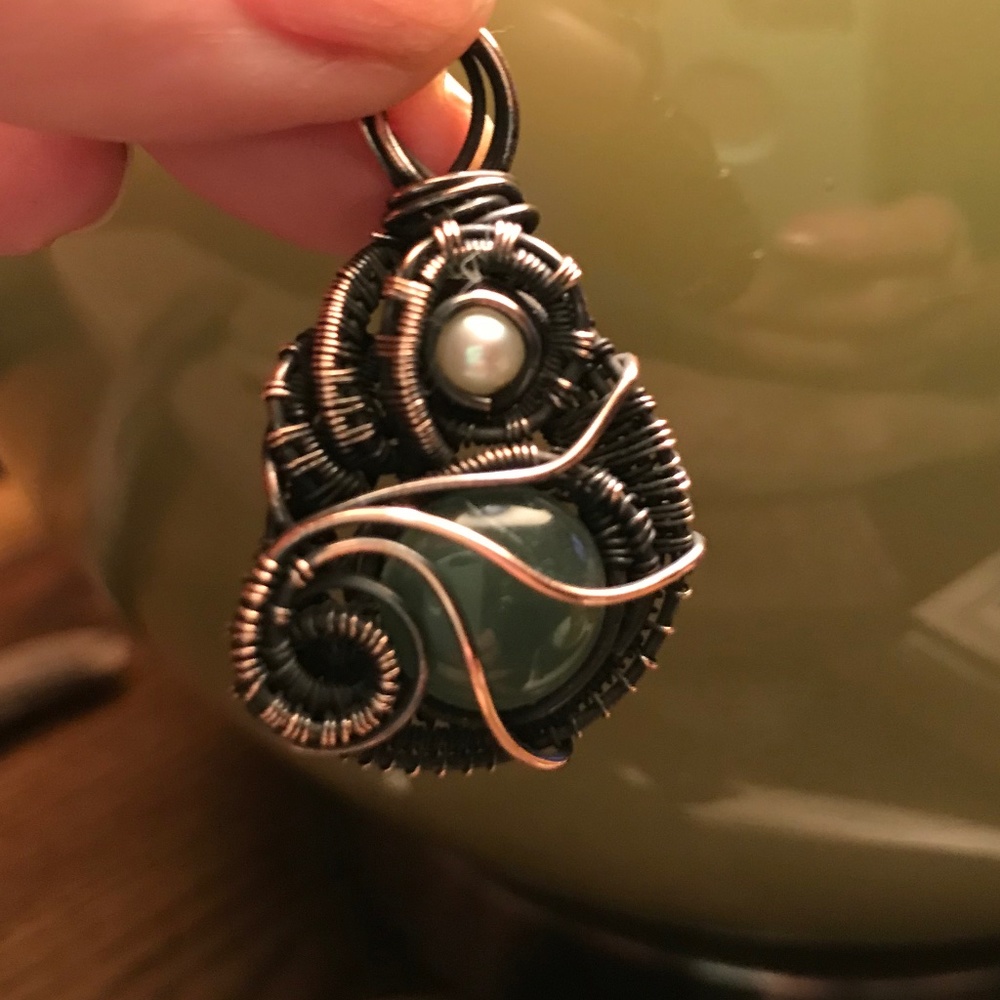 Pearl and Jade, Copper wire wrapped pendant